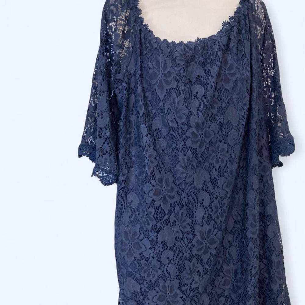Elegant Navy Lace Off the Shoulder Lace Dress Ours L